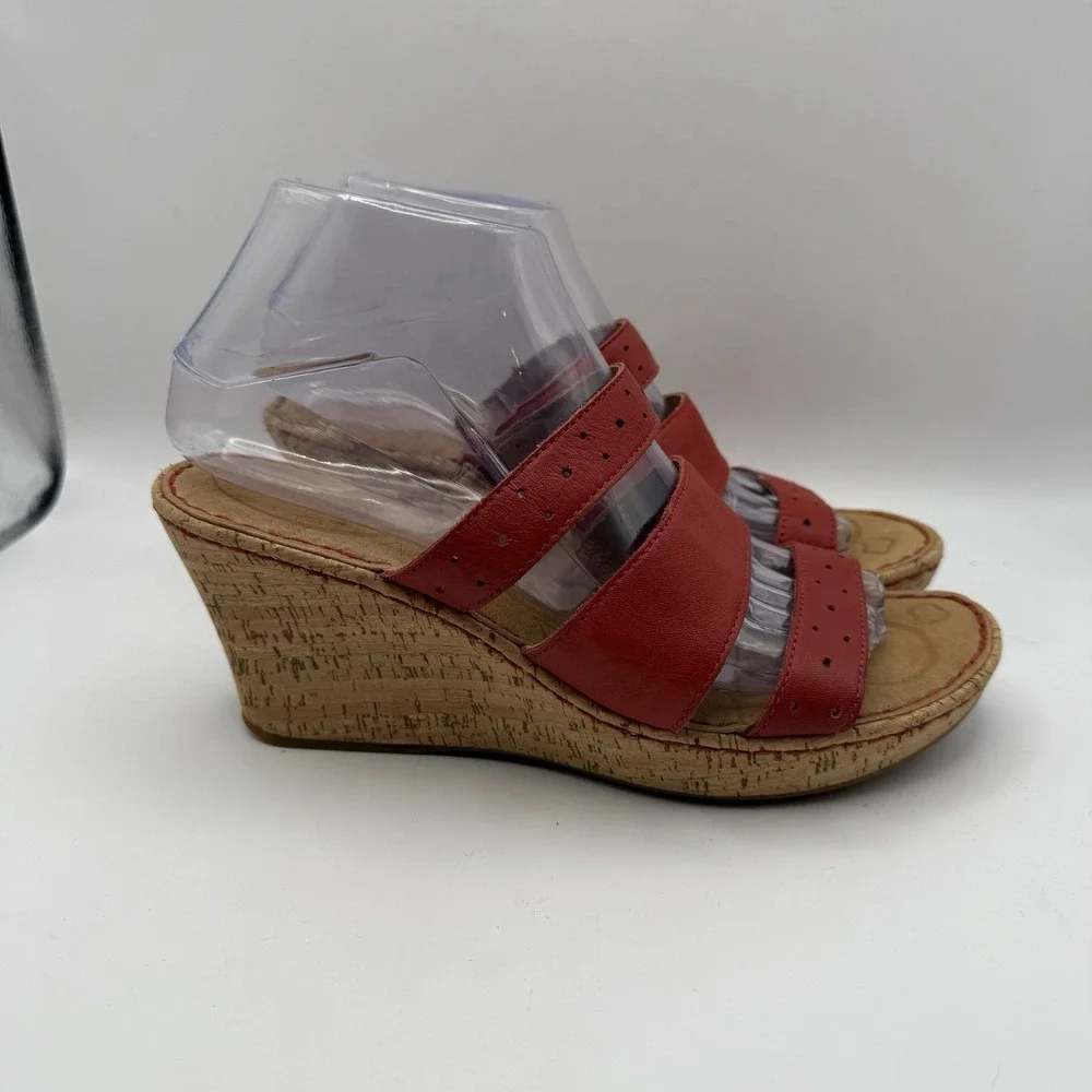 Born Women's Sandal Red Leather US Sz 8 Wedge Slip On Casual Comfort Shoes
